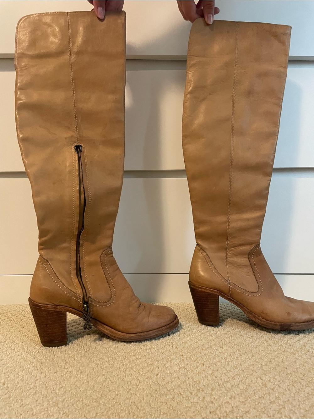 Tan Leather Knee-High Heeled Boots - Women's